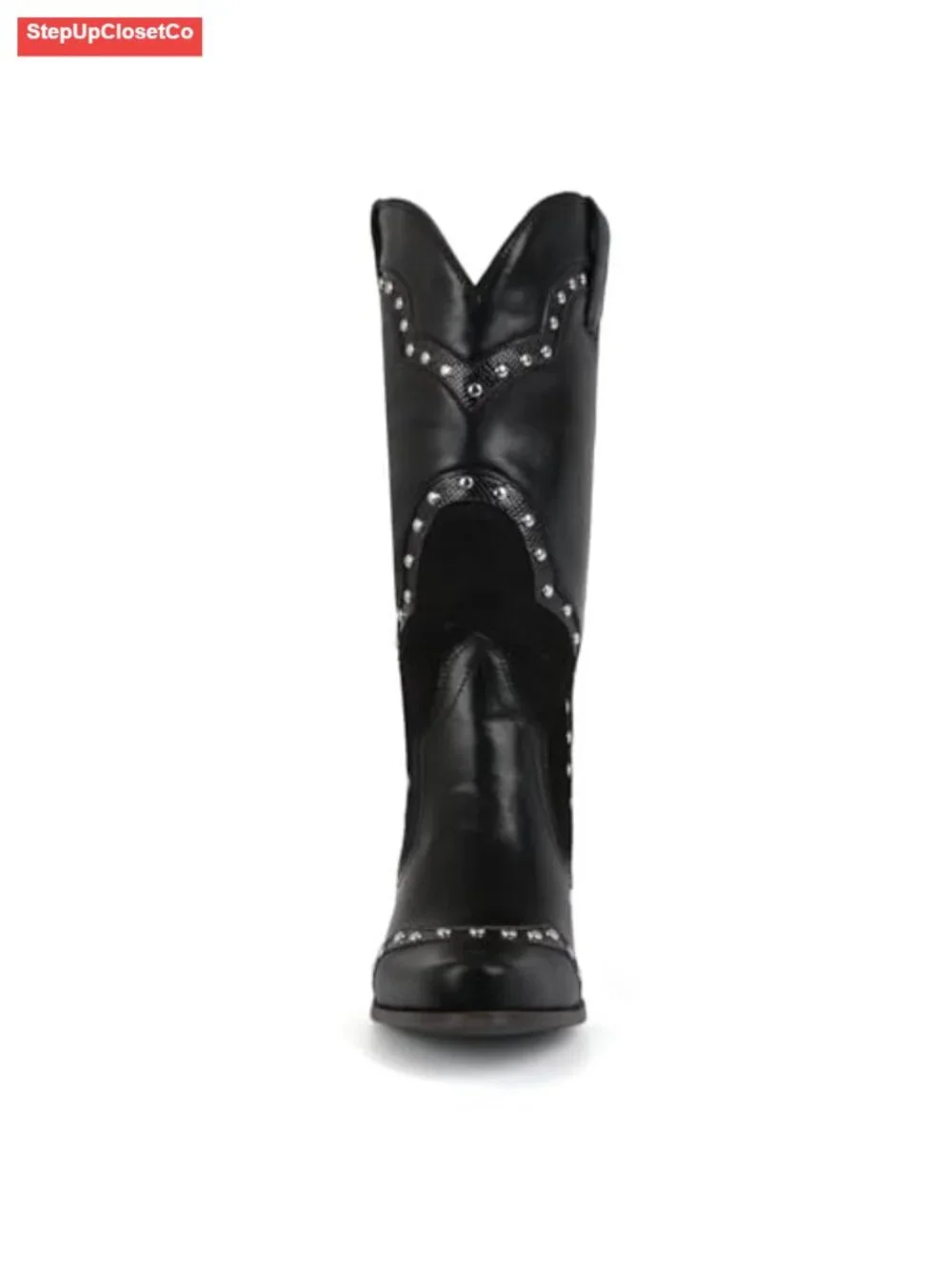Faux Leather Studded Pointed Toe Chunky Heel Cowboy Boots Women Mid Calf Pull On